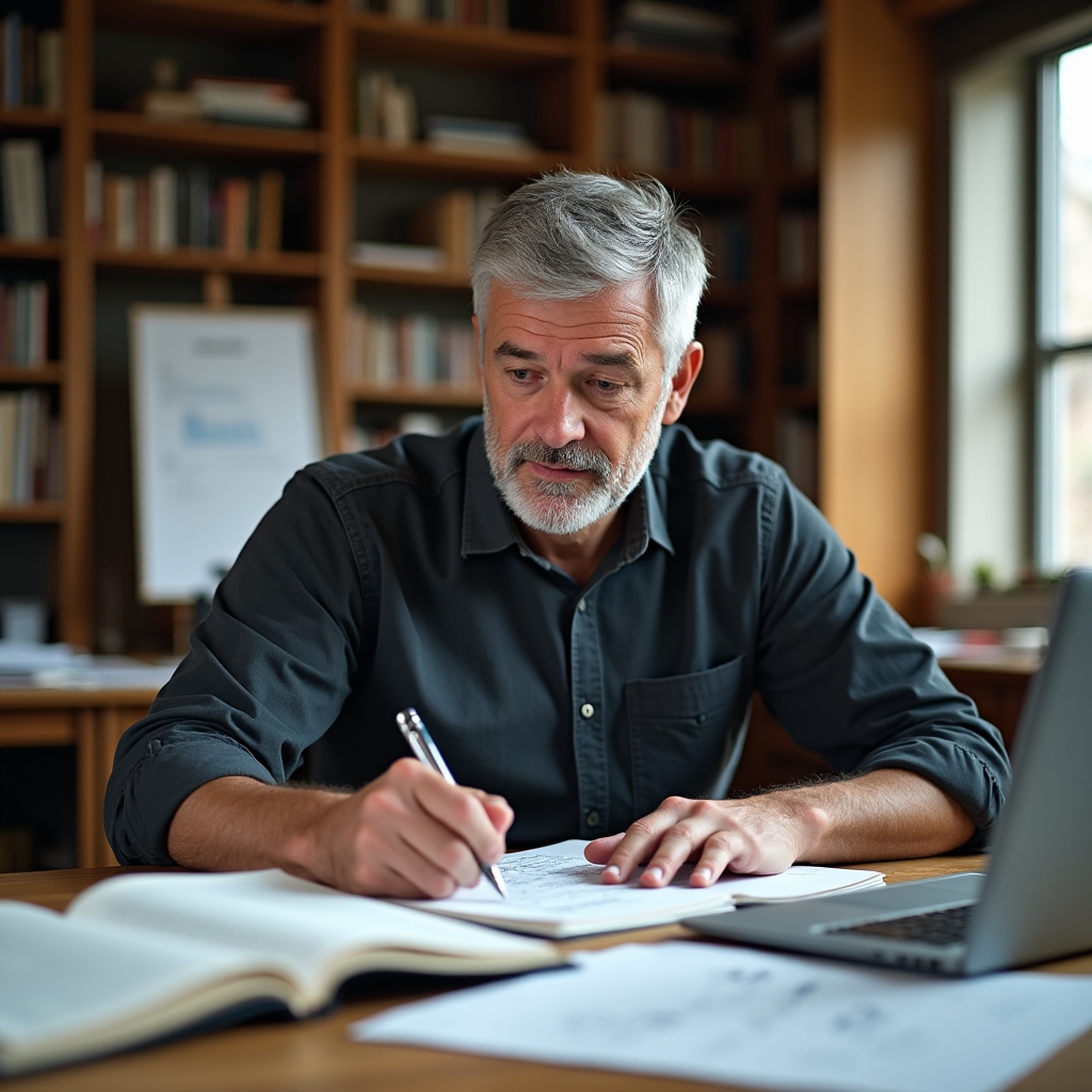 Course creator working at a thoughtfully arranged desk surrounded by books and notes