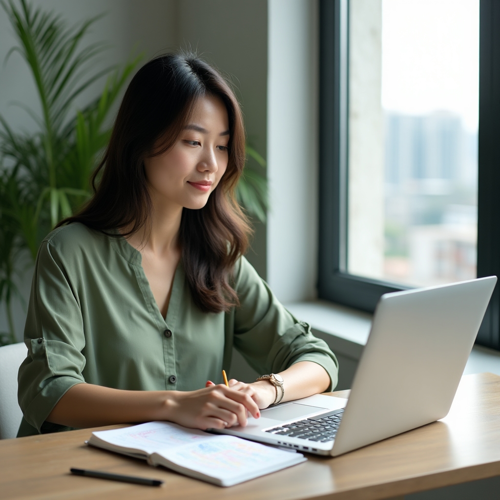Professional engaged in structured self-directed learning at a tidy modern desk